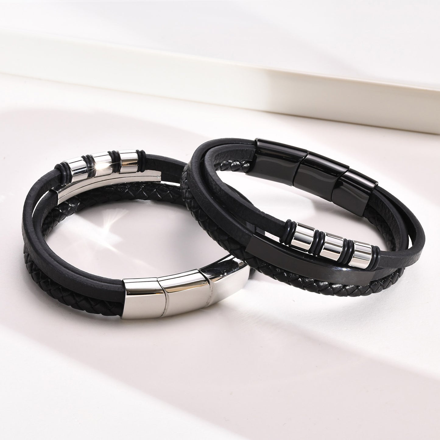 Titanium Steel Men's Leather Bracelet Three-Layer Black Model