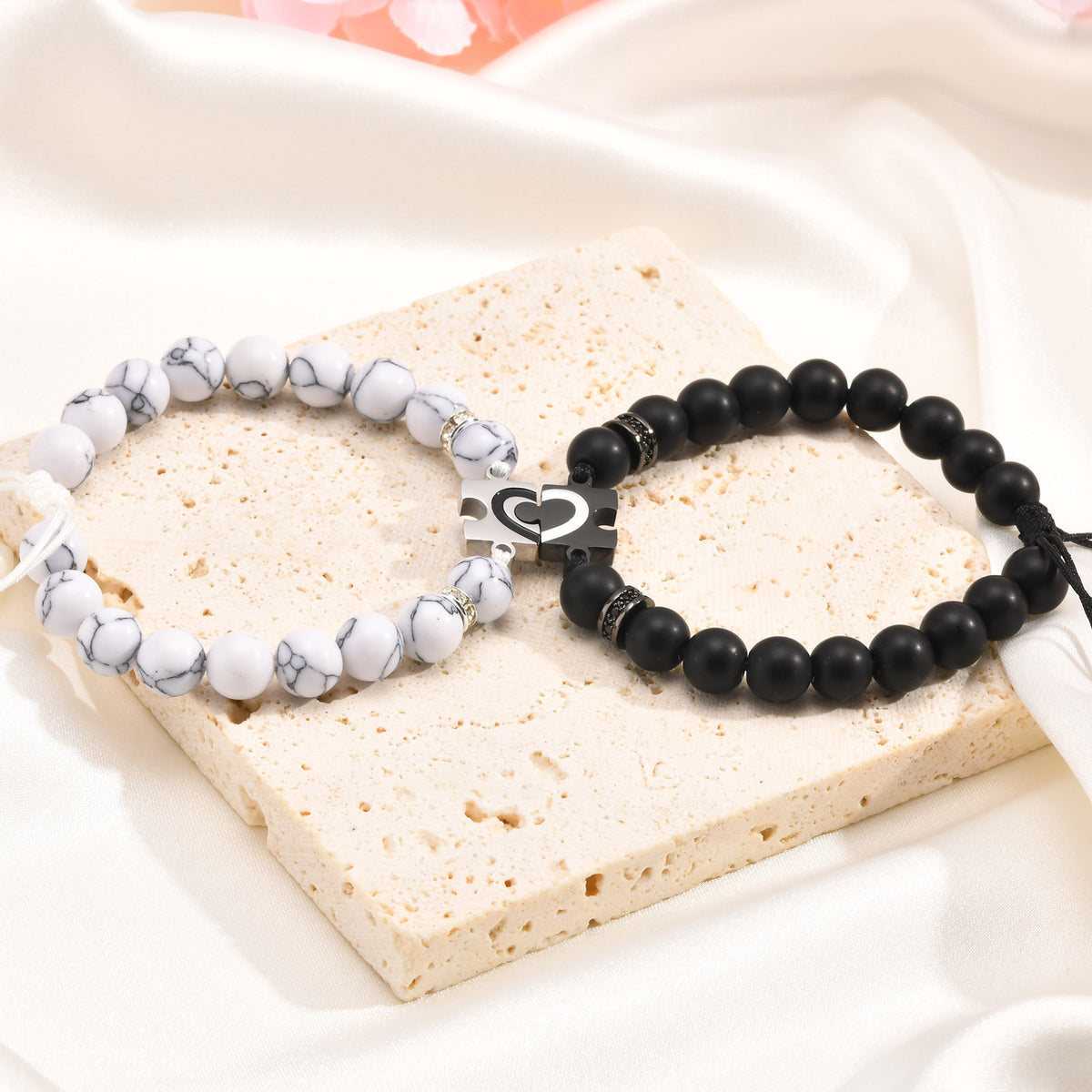 Adjustable Stainless Steel Corrosion Paint Half-Heart Puzzle Agate Turquoise Beaded Bracelet
