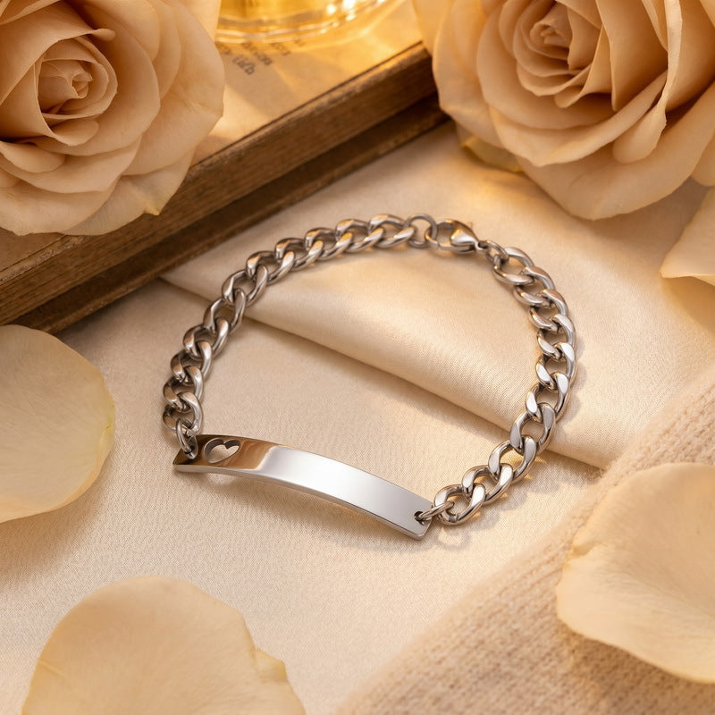Love Curved Bar Neutral Style Bracelet Layered Cuban Chain Heart-Shaped Titanium Steel