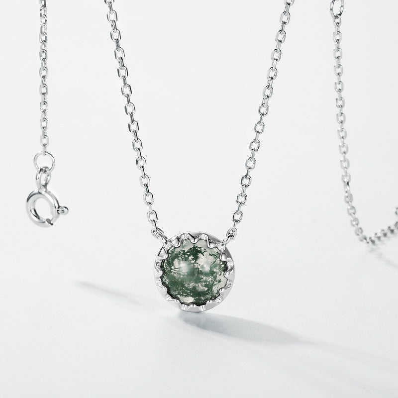 Planderful Jewelry Moss Agate Necklace in Sterling Silver With Zircon Inlays Elegant Retro Style
