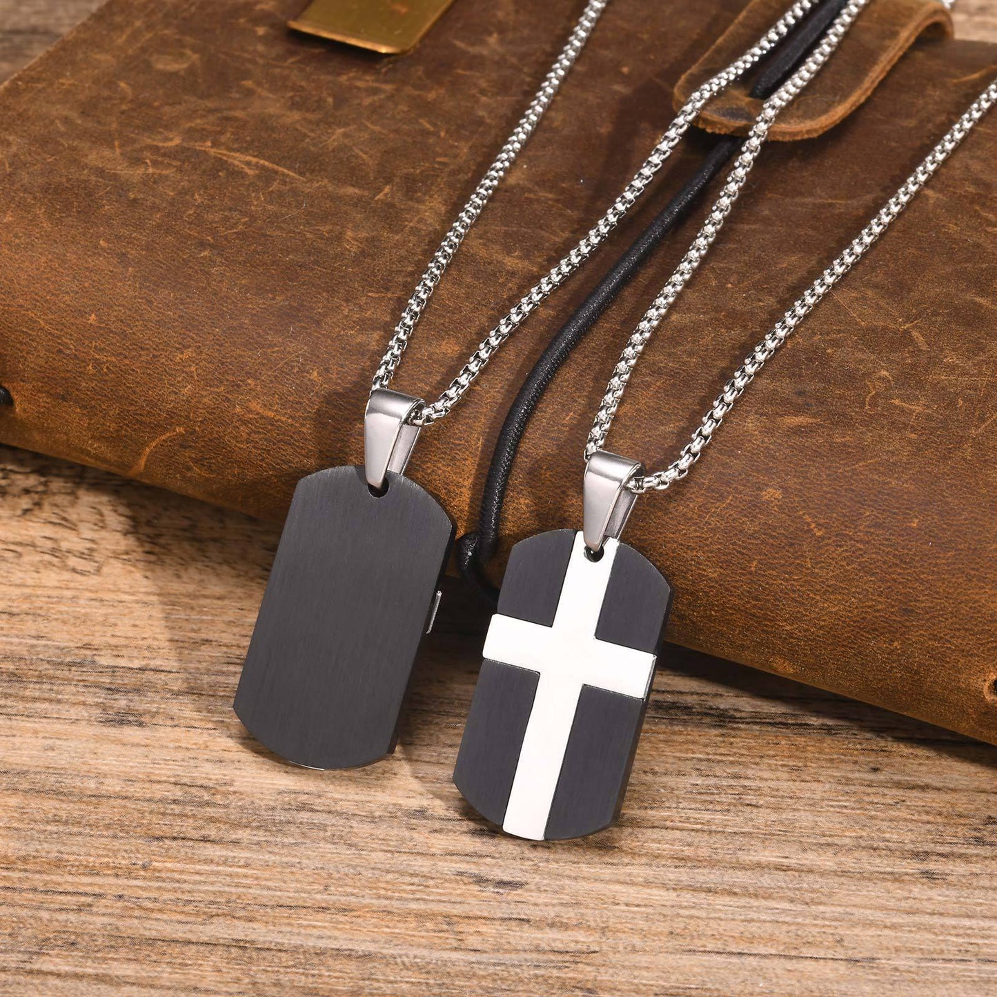 Men's Stainless Steel Cross Sand Dog Tag Pendant Necklace