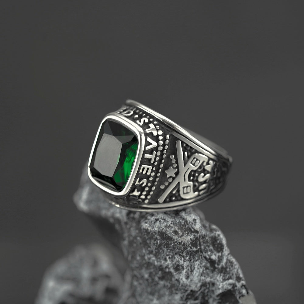 European And American Retro Jewelry Stainless Steel Ring Men's Hip-Hop Style Green Stone Personality Ring