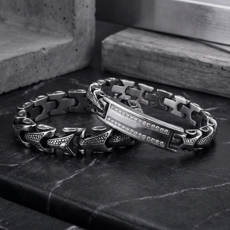 Punk Smeared Keel Titanium Steel Bracelet – Hip Hop Double Row Zircon Curved Bar Layered