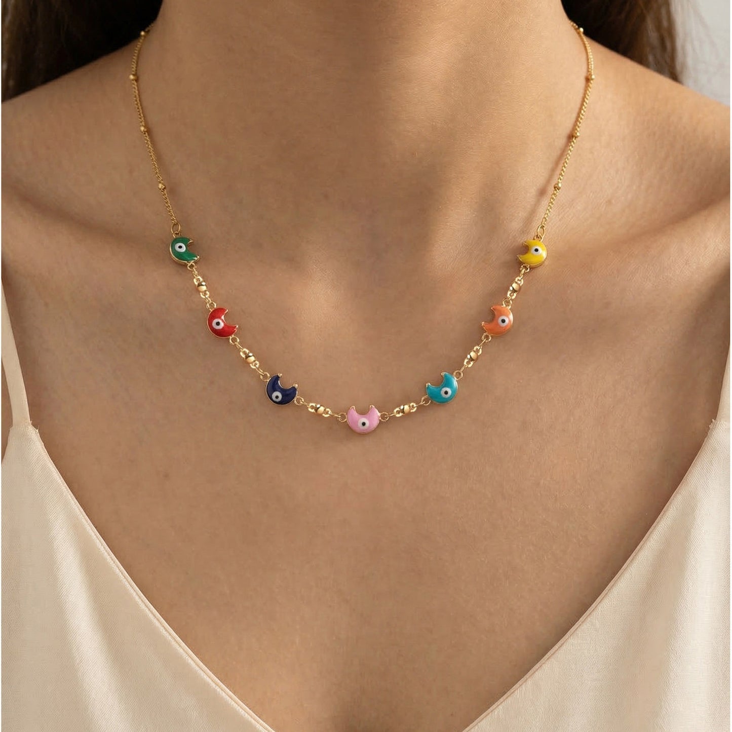 Stainless Steel Bead Chain Copper Epoxy Colored Moon Necklace