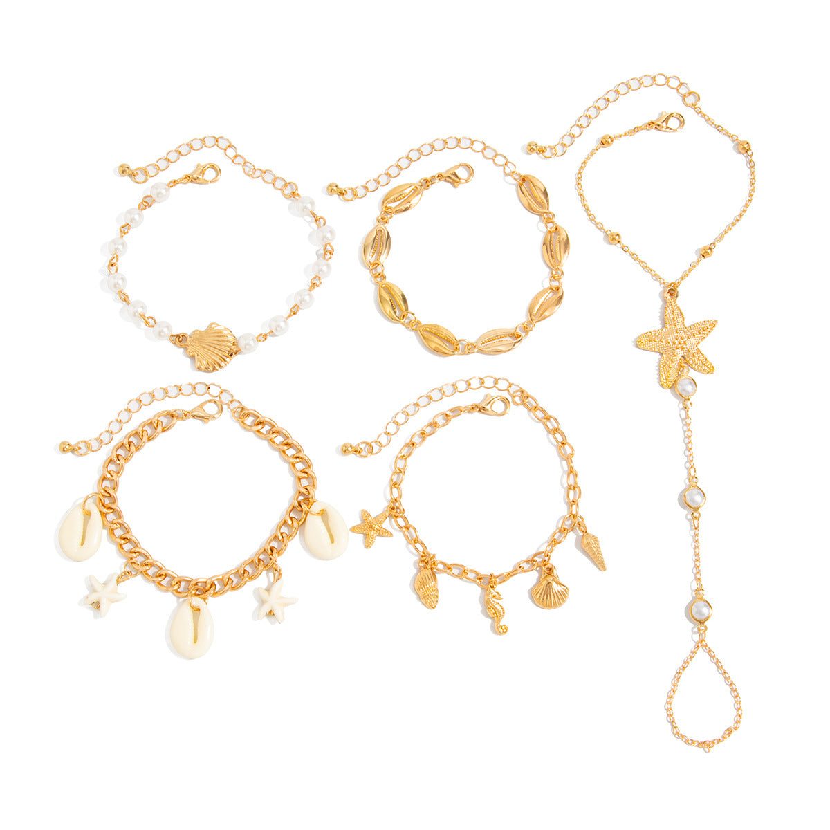 Ocean-Style Shell Tassel Finger Bracelet Vacation Seahorse And Starfish Shape Layered Pearl