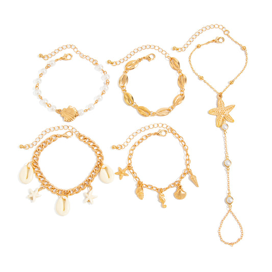 Ocean-Style Shell Tassel Finger Bracelet Vacation Seahorse And Starfish Shape Layered Pearl
