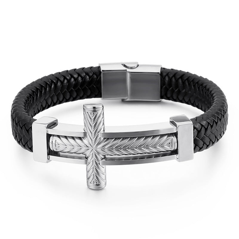 Tide & Cool Wheat Ear Pattern Cross Titanium Steel Leather Bracelet Men's – Niche