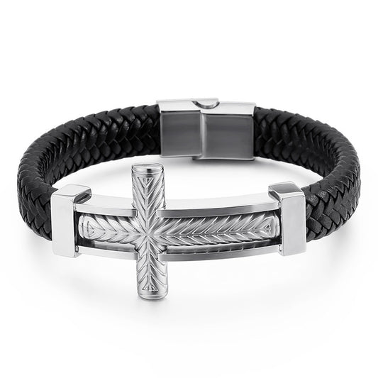 Tide & Cool Wheat Ear Pattern Cross Titanium Steel Leather Bracelet Men's – Niche