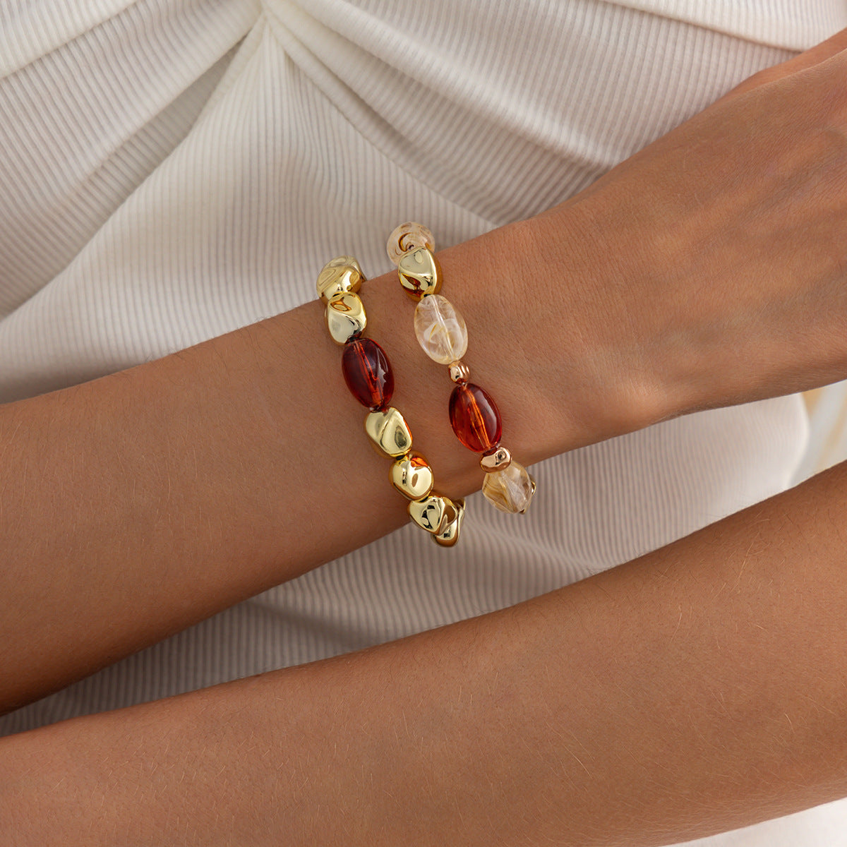 Amber Beaded Stacked Bracelet Knock Pattern Smudge Elastic Bracelet