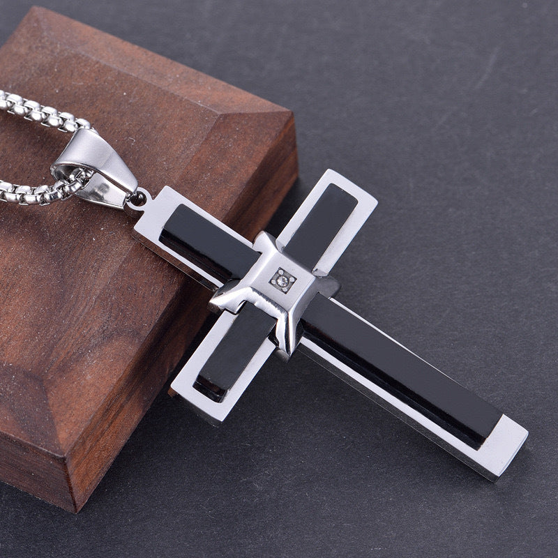 Planderful Mens Cross Pendant Necklace Titanium Steel With Zircon Inlay Gift For Him