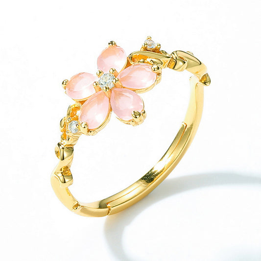 Pear Shape Pink Crystal Luxury Small Floral Opening Silver Ring