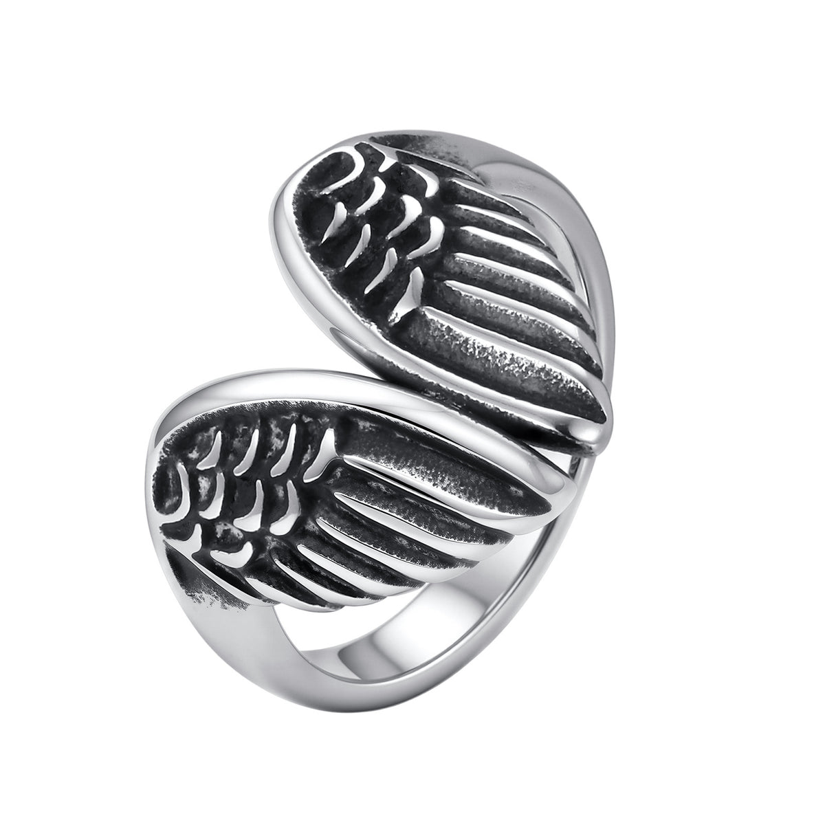 Stainless Steel Men's Street Dark Locomotive Daily Stacked Open Angel Wing Ring