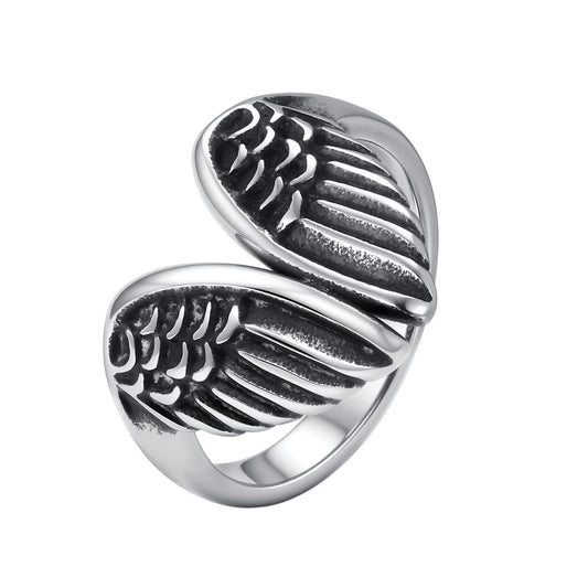 Stainless Steel Men's Street Dark Locomotive Daily Stacked Open Angel Wing Ring