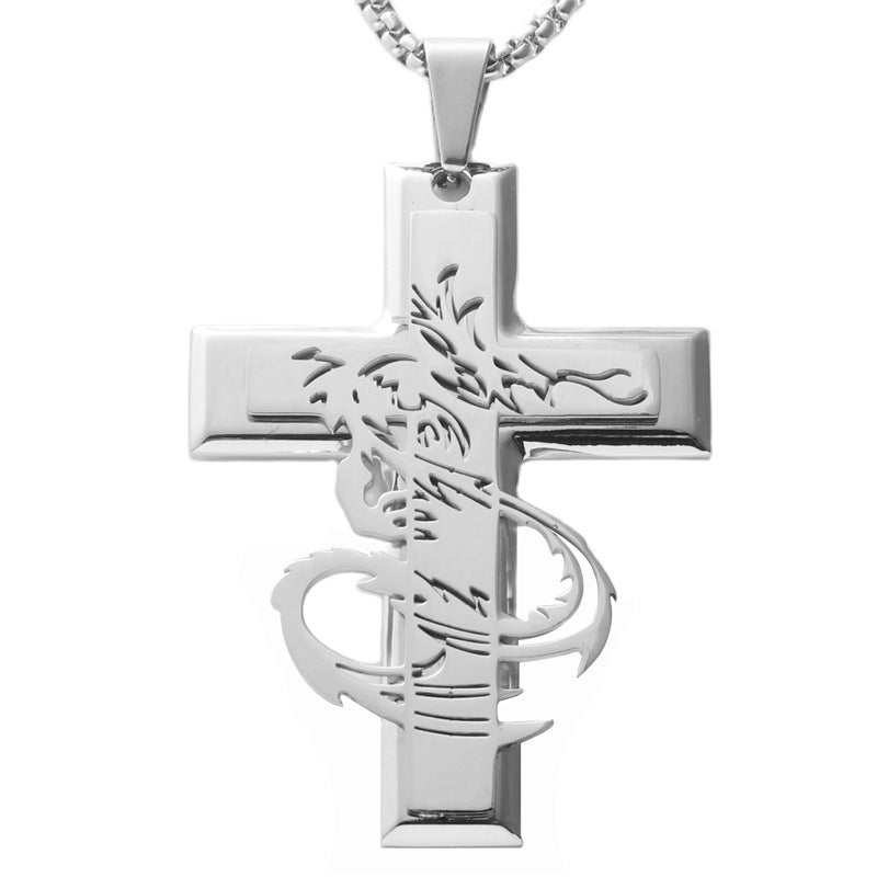 Trendy Men's Retro Dragon Cross Pendant Necklace in Titanium Steel