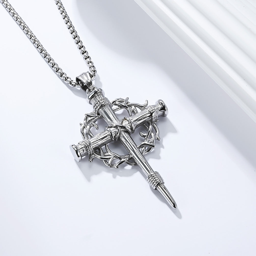 Steel Necklace – Statement Cross Pendant With Thorn Wreath Design For Hipster Street Style