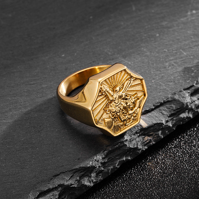 Planderful Saint Michael Ring For Men Titanium Steel Archangel Design Durable Everyday Genie