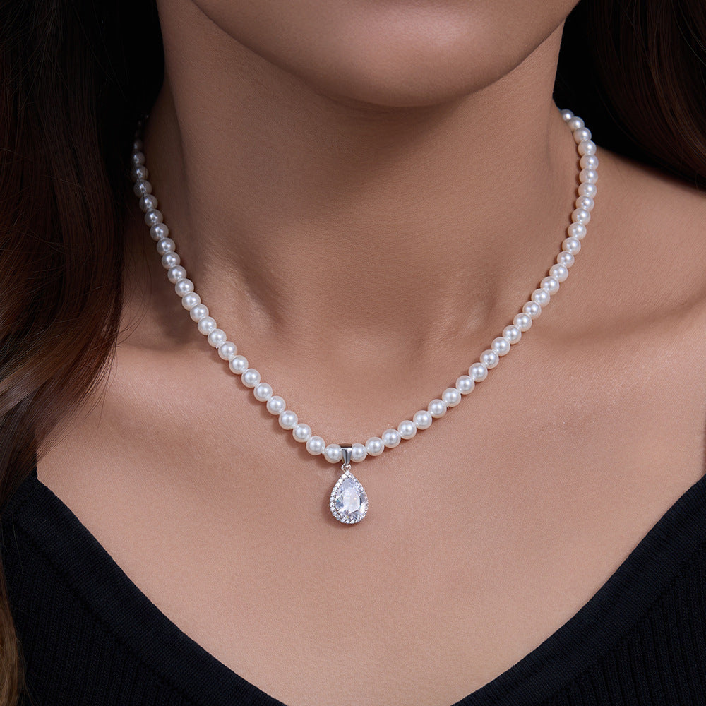 Retro Water Drop Zircon Inlaid Pearl Necklace S925 Sterling Silver Beaded