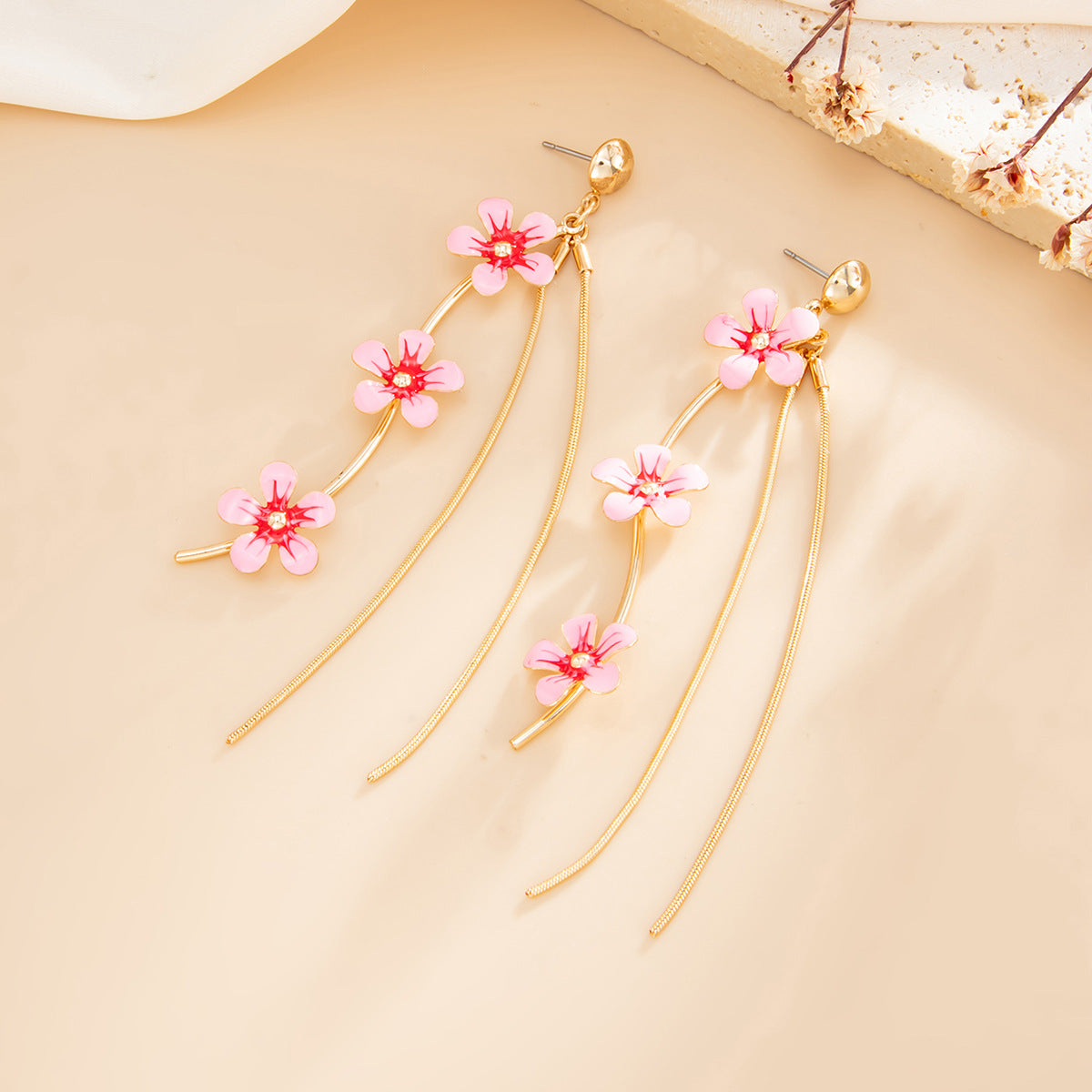 Planderful Vienna Verve Fringed Oil Flower Earrings For Women With Long Snake Bone Chain Statement Jewelry