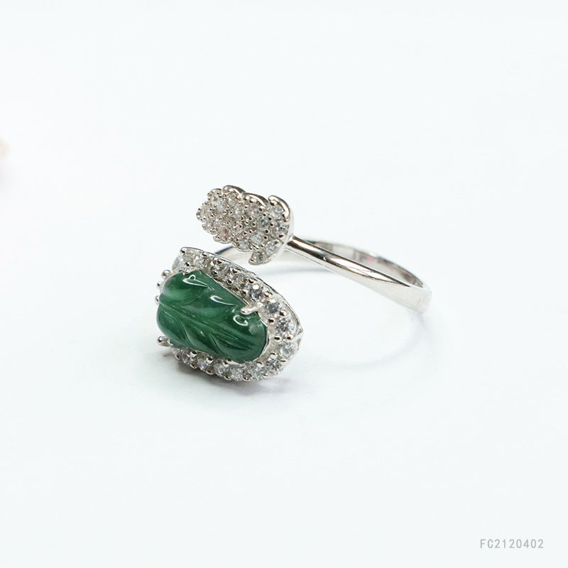 Icy Green Jadeite Leaf 925 Silver Ring