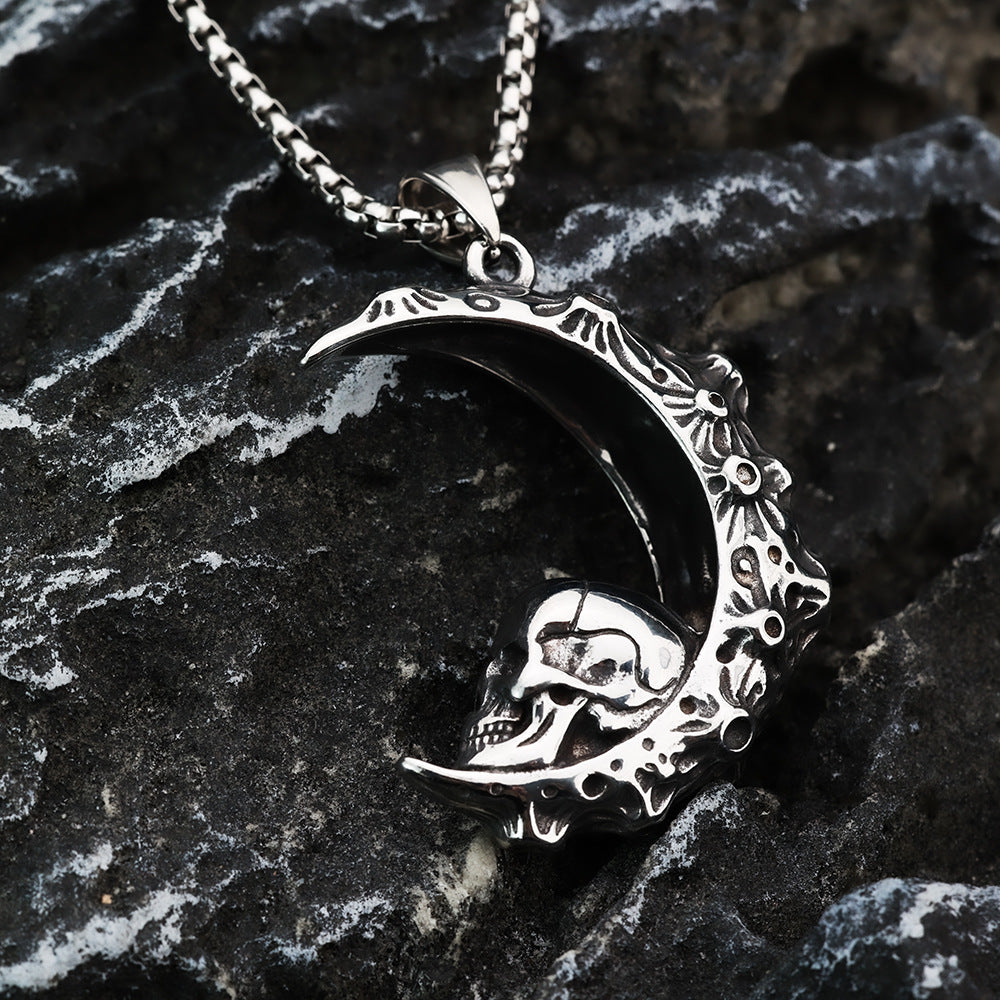 European And American Retro Stainless Steel Men's Pendant Personalized Skull Moon Necklace