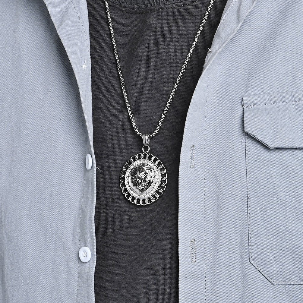 Planderful Lion Head Titanium Stainless Steel Pendant Necklace For Men Personalized Zircon Hip Hop Style