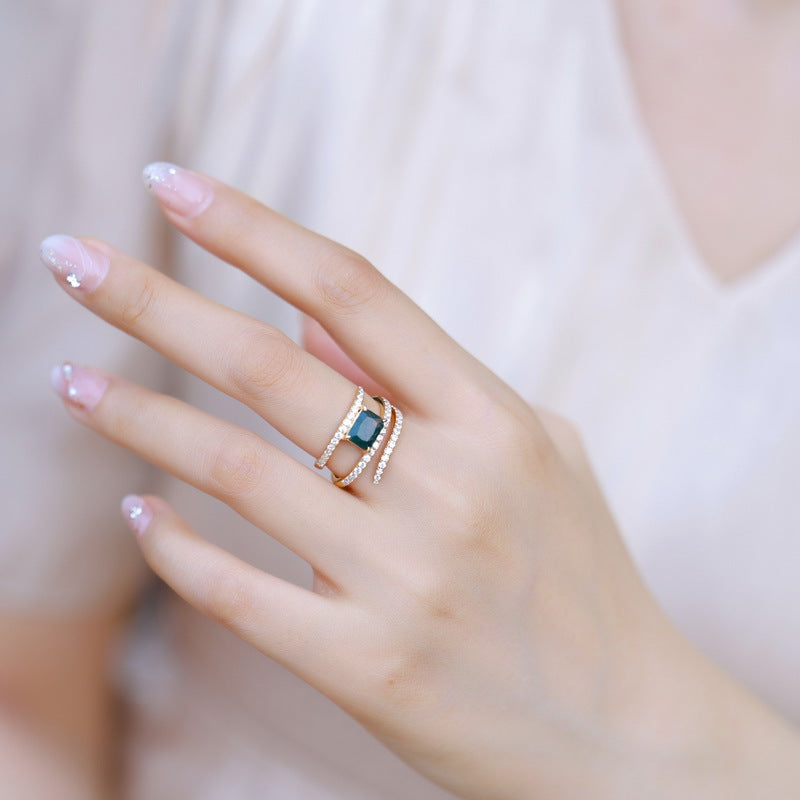 S925 Sterling Silver Moss Agate Three-Layer Layered Ring