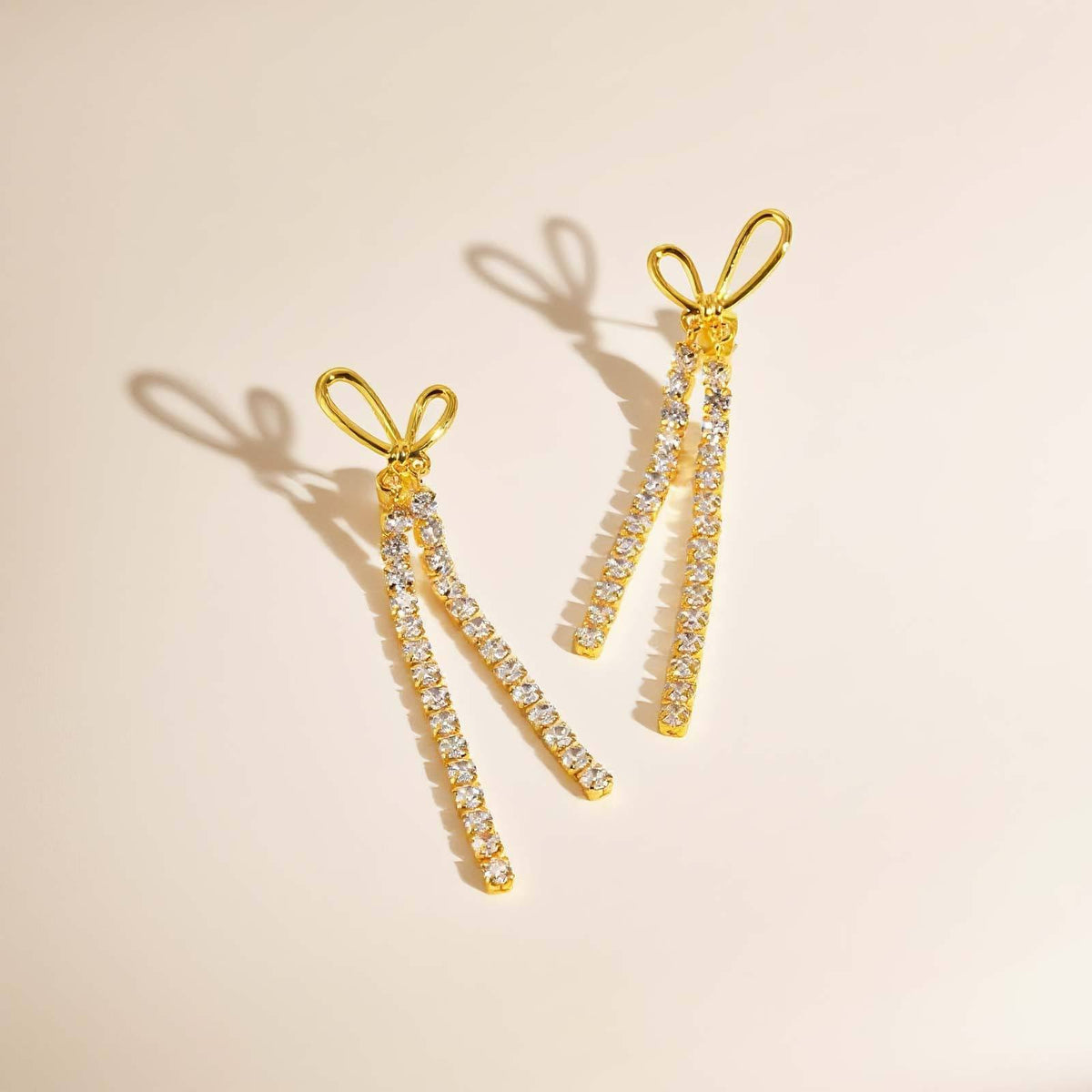 Copper Material Long Love Zircon Bow Fringed Earrings