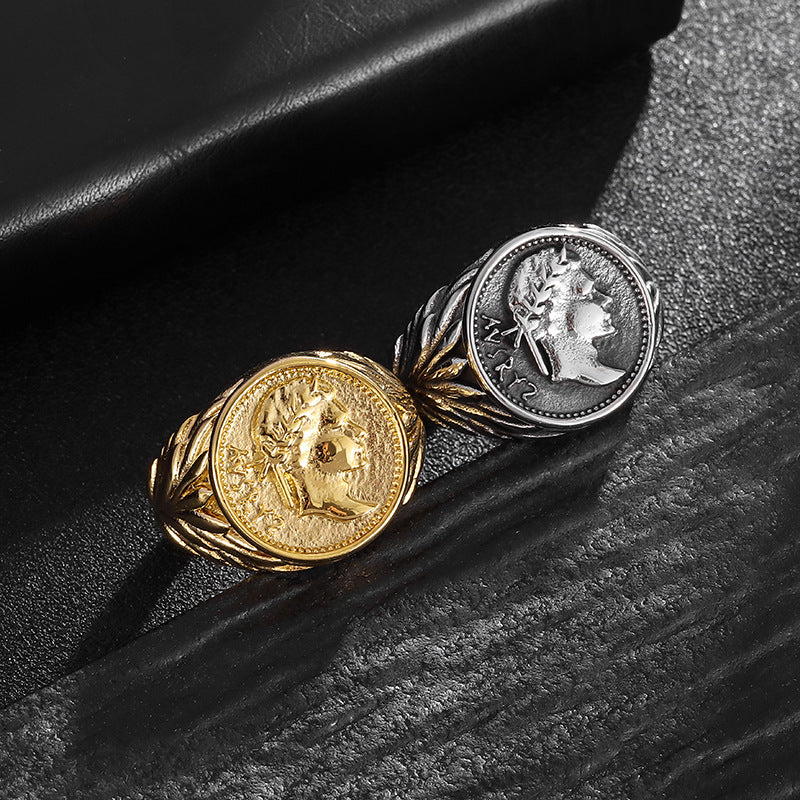 Planderful Caesar Ring Stainless Steel With Retro Gold Coin Casting Roman Empire Portrait Unisex Ring Sizes 7 To 13