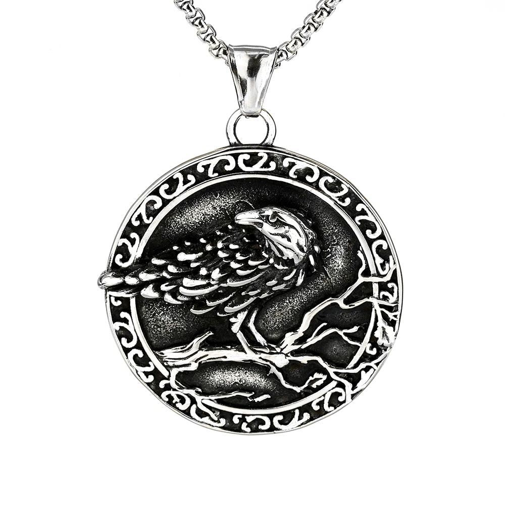 Nordic Vintage Men's Jewelry Stainless Steel Raven Runavin Pendant Necklace