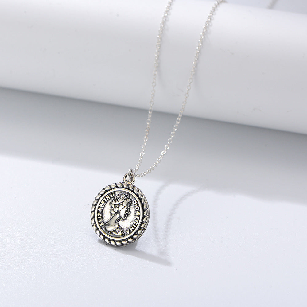 S925 Sterling Silver Portrait Relief Queen Coin Necklace Personality Hipster Retro