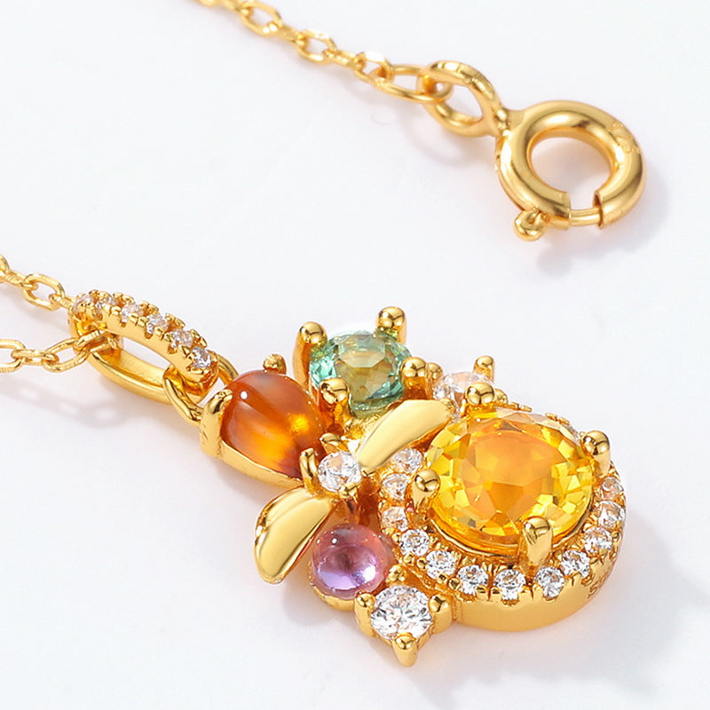 Bee Flower Colourful Gemstones Sterling Silver Necklace