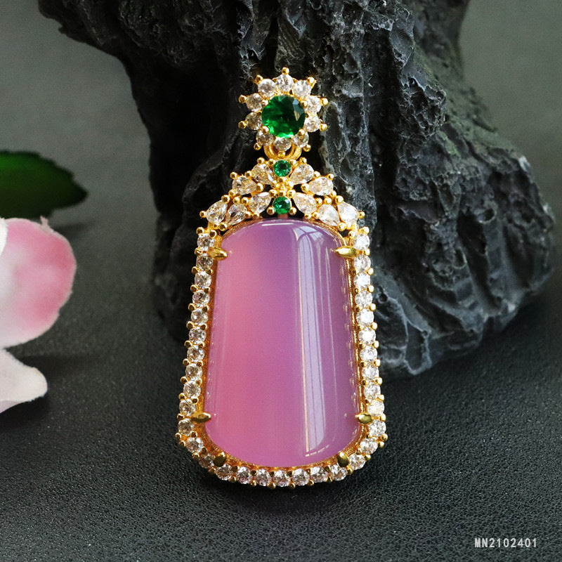 Pink Chalcedony Trapezoid Peace Plaque Pendant — No Chain