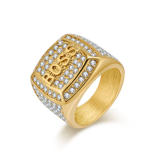 Planderful Zircon Square Ring For Men Boss Hip Hop Style Gold Plated Steel Everyday Genie Personalize