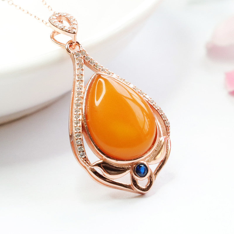 Sterling Silver Necklace with Beeswax Amber Pendant and Zircon Detail