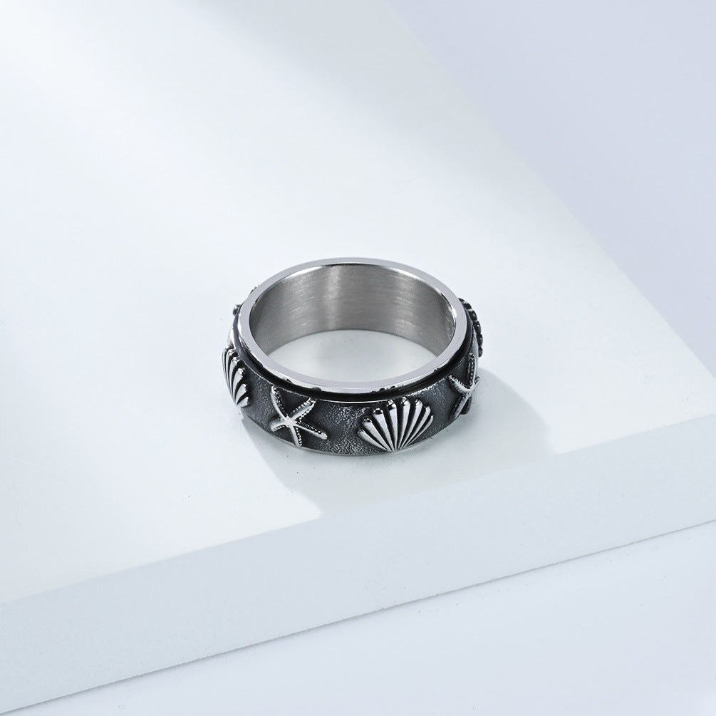 Planderful Rotating Ring Ocean Wind Sea Shell Starfish Titanium Steel Anxiety Relief Unisex