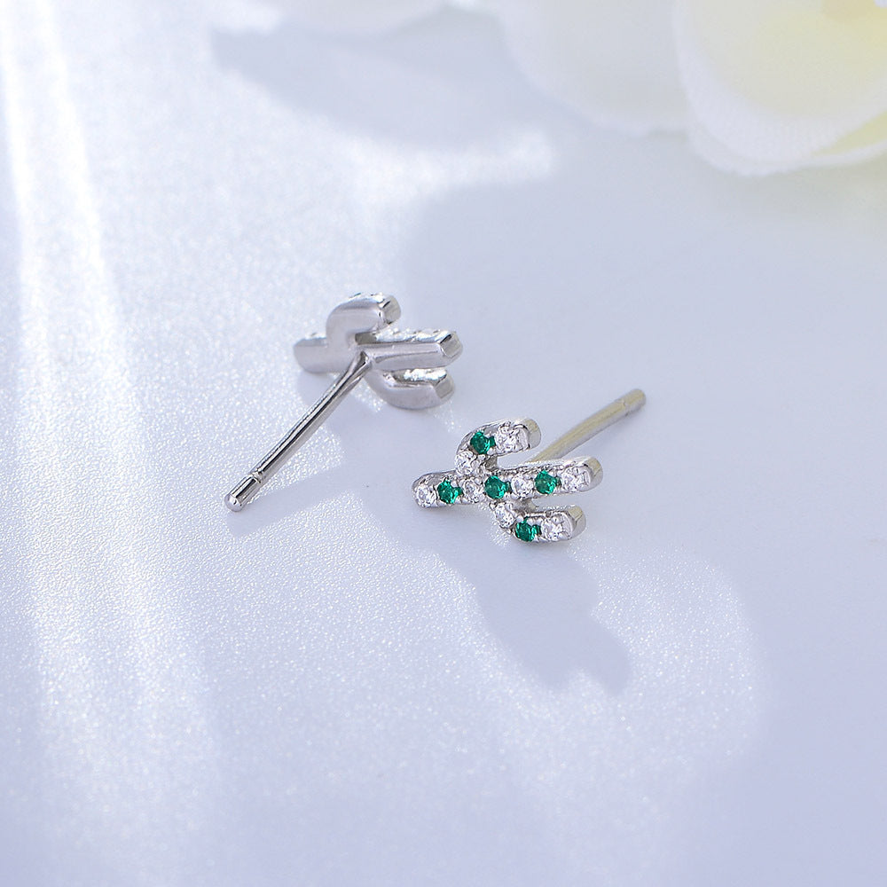 S925 Silver Plant Cactus Micro-Inlaid Zircon Small Stud Earrings Japan And Korea Sweet