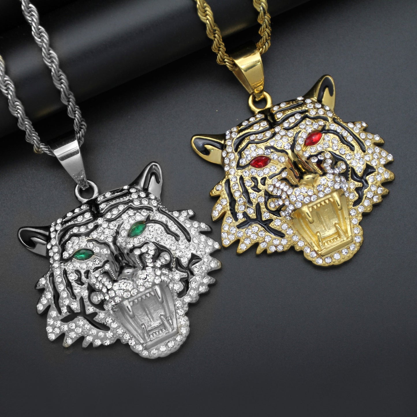 Planderful Hip Hop Bottle Opener Necklace Unisex Titanium Gold Plated Zircon Bold Tiger Head Pendant