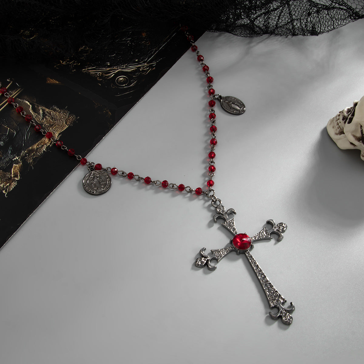 Y2K Gothic Cross & Crystal-Style Necklace