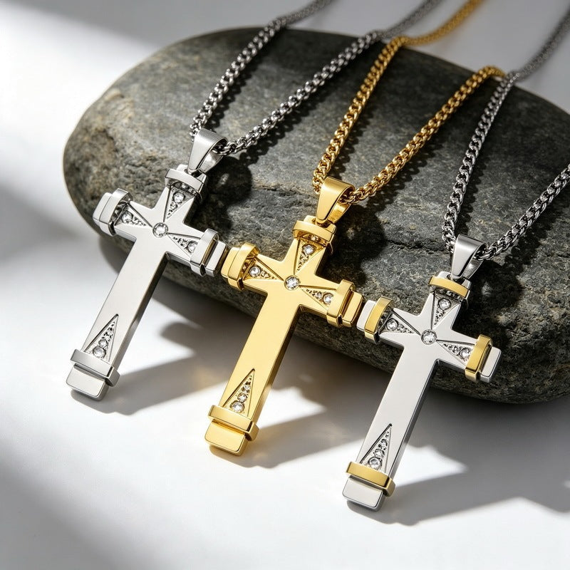 Hip Hop Triangle Array Zircon Cross Pendant Stainless Steel Men's Cross Pendant Necklace