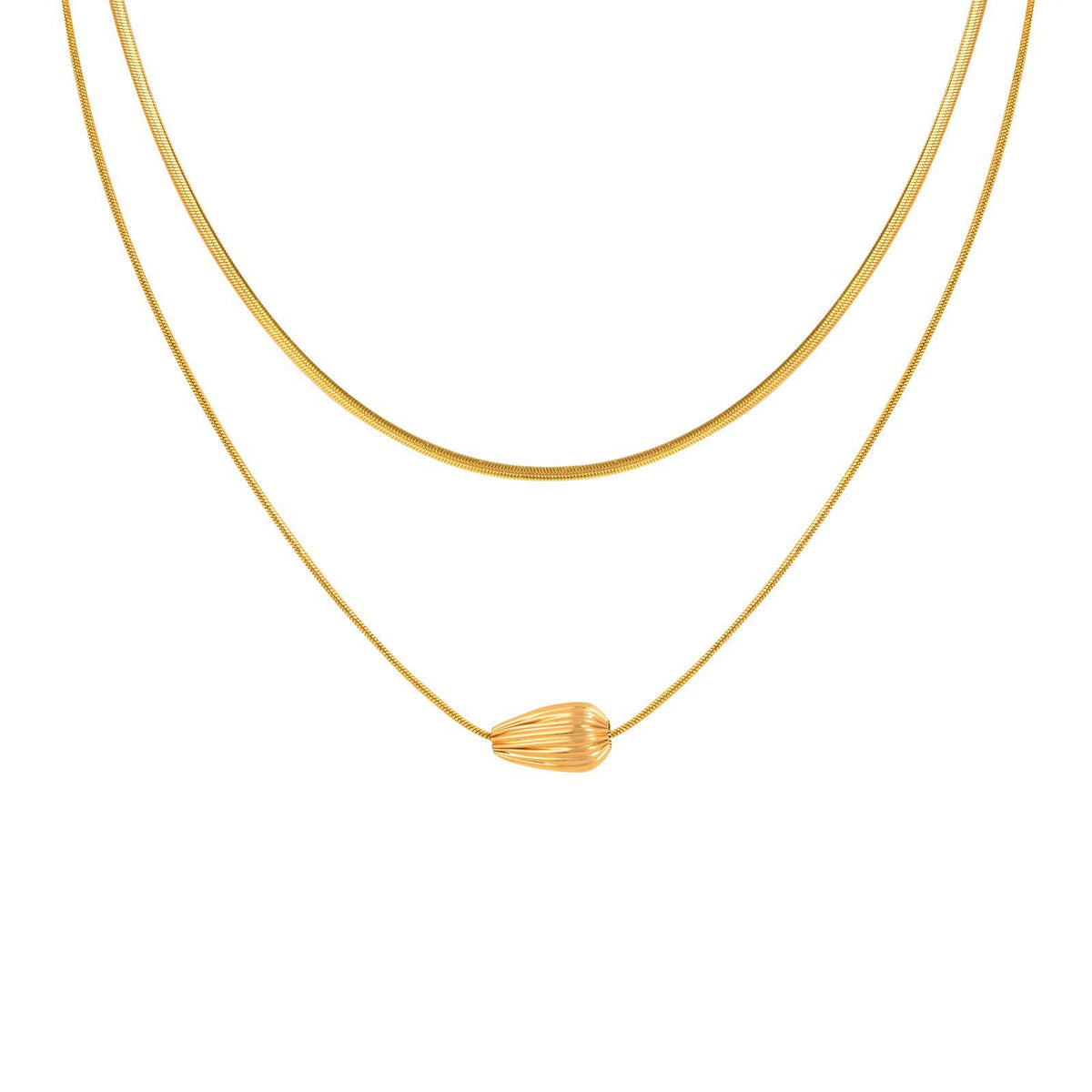 Stainless Steel Strip Gold-Plated Pattern Water Drop Bead Spacer Double Layer Stacked Necklace