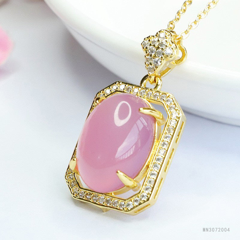Pink Chalcedony Oval Plaque Pendant — No Chain