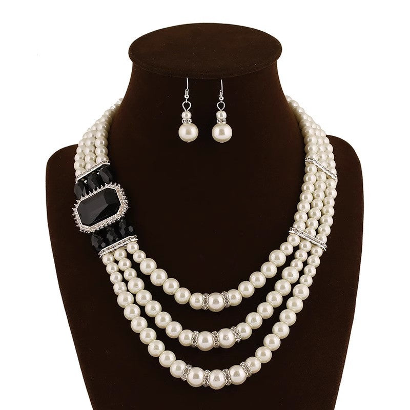 Exaggerated African Pearl Crystal Necklace Set with Multi-layer Chain - Savanna Rhythms Collection