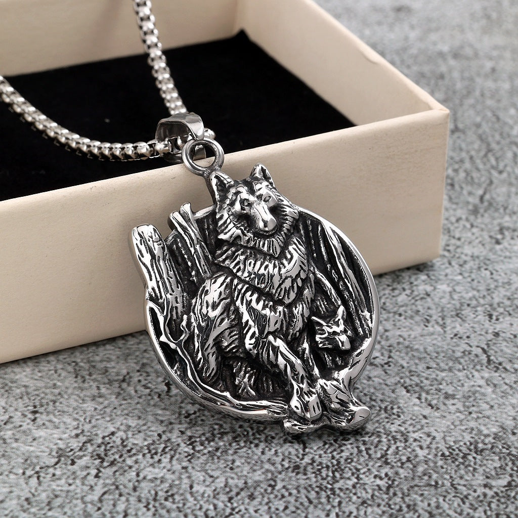 Vintage Viking Wolf Stainless Steel Men's Pendant Necklace