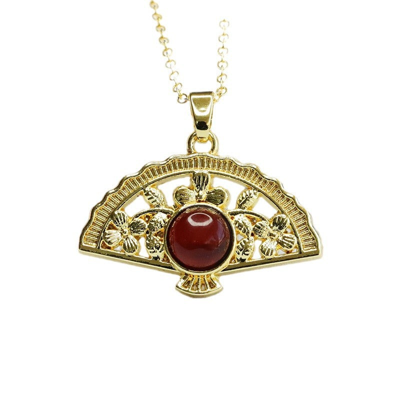 Elegant Round Honey Amber Fan Pendant Traditional Asian Jewellery
