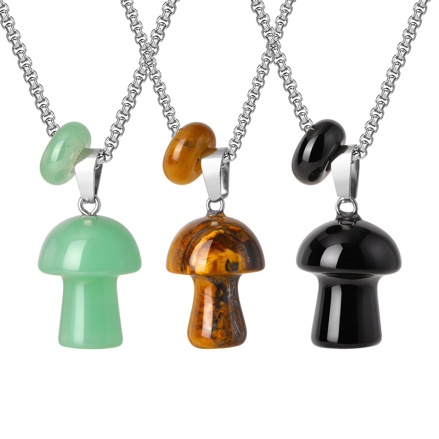 Stainless Steel Natural Tiger's Eye Stone Obsidian Mushroom Necklace Daily