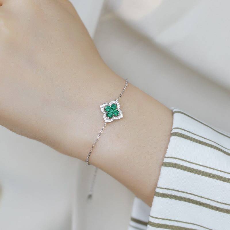 Planderful Gala Fireworks – European and American Light Luxury Versatile Four-leaf Clover Lab Grown Emerald Bracelet High-grade S925 Silver Jewelry
