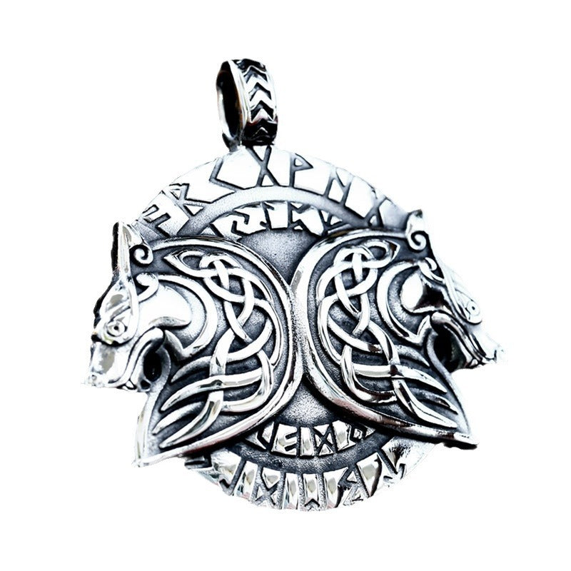 Titanium Steel Double Wolf Head Pendant with Nordic Viking Celtic Knot Design for Men