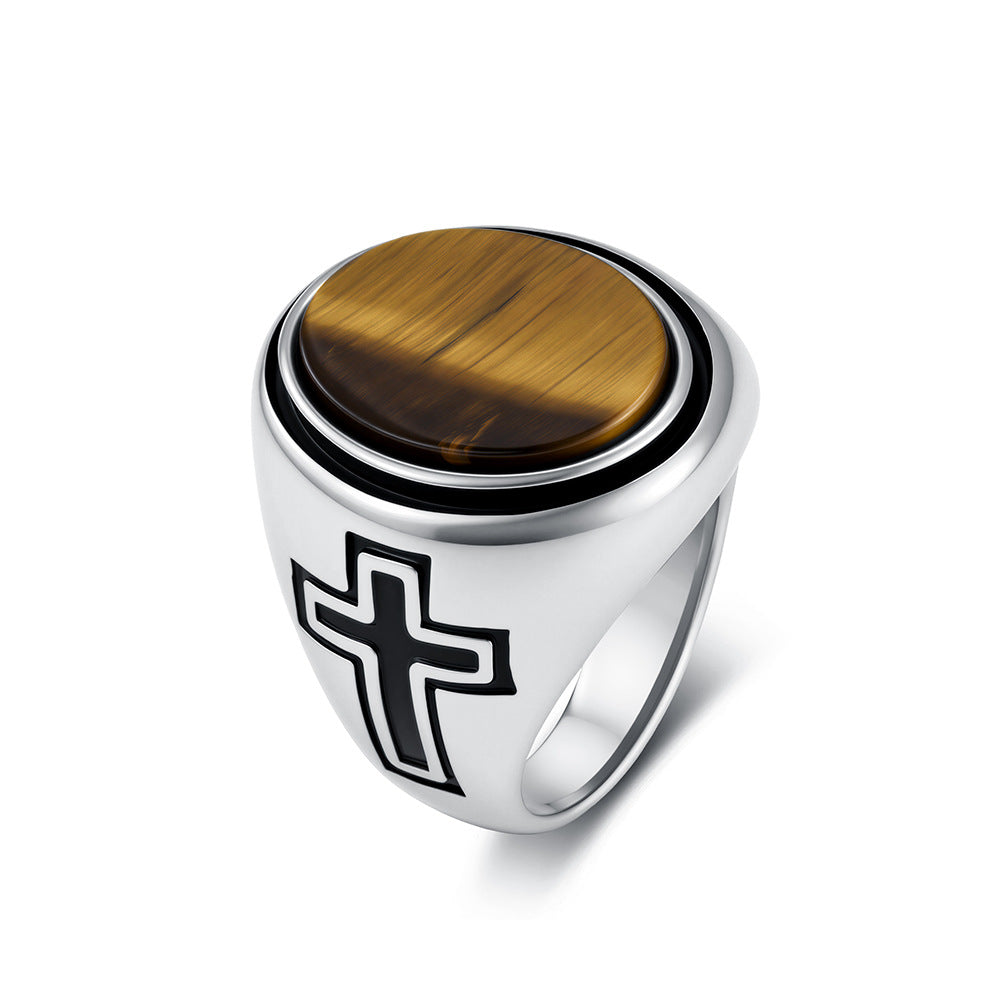 Cross Tiger's Eye Black Gemstone Stainless Steel Ring for Men