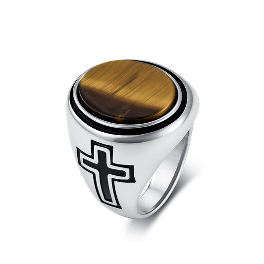 Cross Tiger's Eye Black Gemstone Stainless Steel Ring for Men