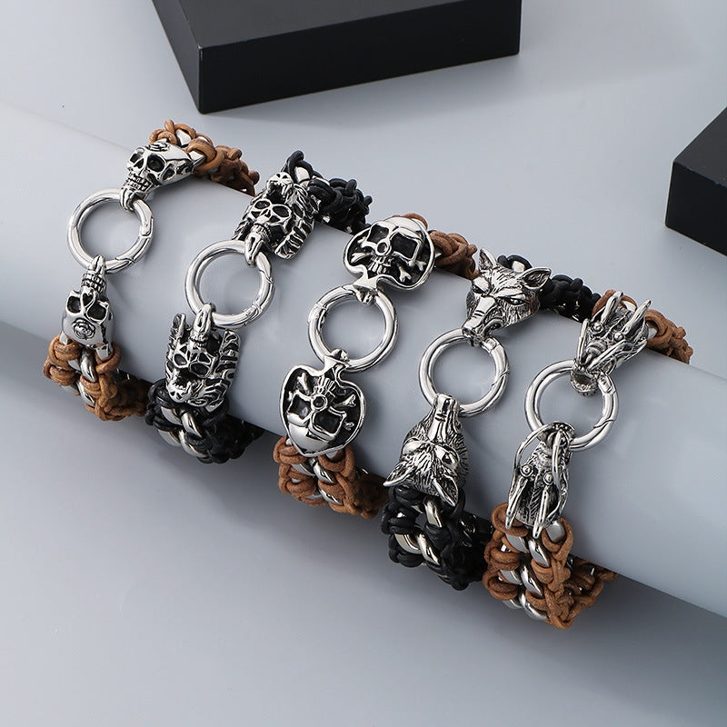 Planderful Mens Woven Leather Skull Bracelet Dragon Head